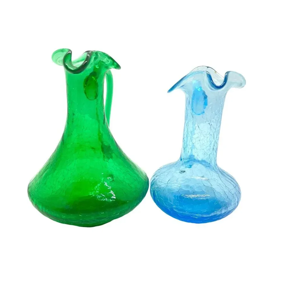 Crackle Glass Vases Pitchers Vintage Blue Green Ruffled Edge Handheld Set Of 2 - Picture 3 of 16